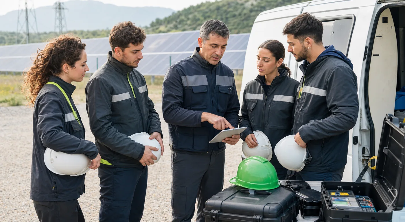 Team tecnico durante un briefing operativo in campo